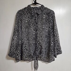 Chicos Black And White Geometric Print Sheer Long Sleeve Blouse with Waist Tie 3